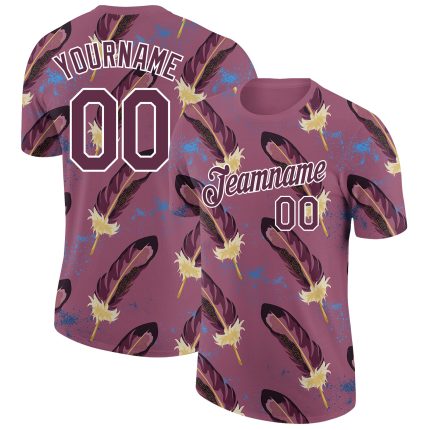Custom Burgundy and White 3D Feather T-Shirt for Performance Wear Personalized Burgundy White 3D Feather Performance T-Shirt