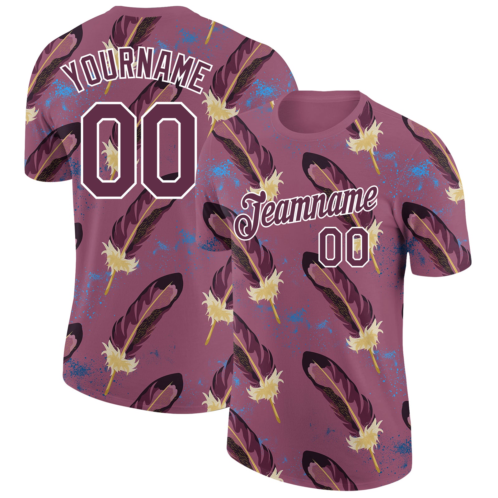 Custom Name and Number Performance T-Shirt - Burgundy White 3D Pattern Feather Design Personalized Burgundy White 3D Pattern