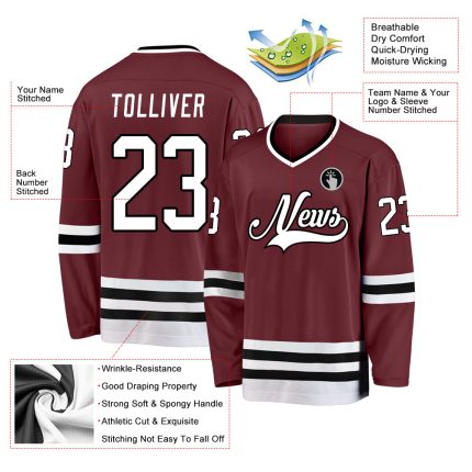 Custom Team Hockey Jersey with Personalized Name and Number - Burgundy White-Black Design Personalized Burgundy White-Black