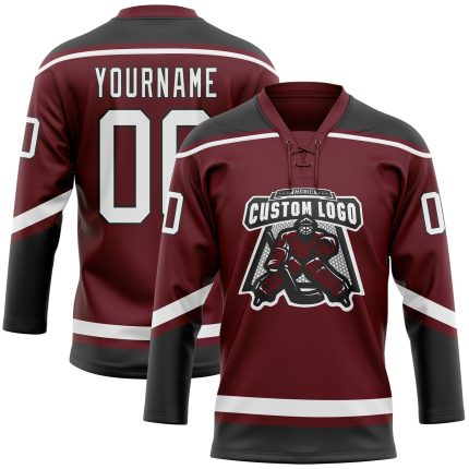 Personalized Hockey Lace Neck Jersey - Burgundy White Black Color Options Personalized Burgundy White-Black Hockey Lace Neck