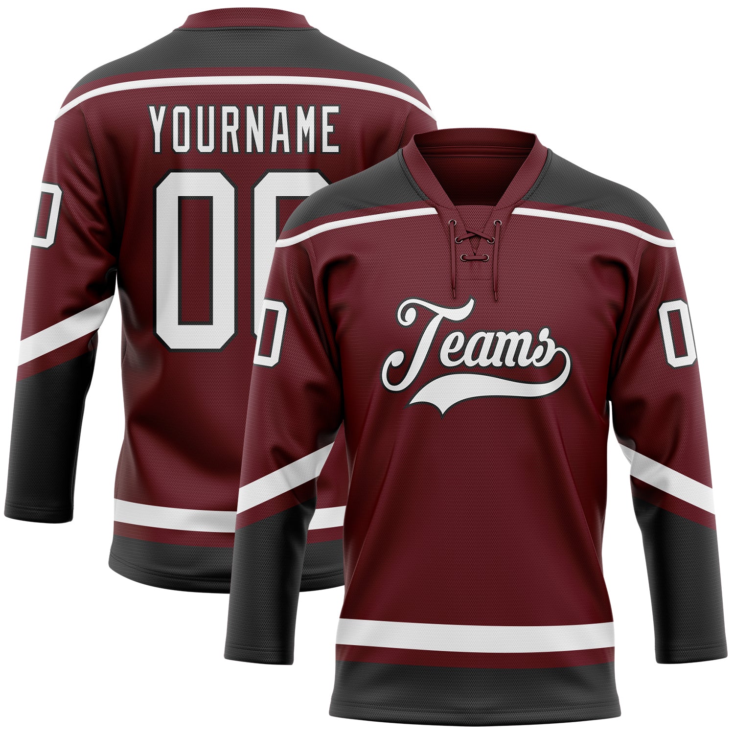 Custom Name Number Hockey Jersey - Personalized Burgundy White Black Lace Neck Team Apparel Personalized Burgundy White-Black