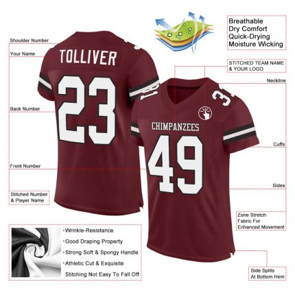 Custom Name Number Football Jersey, Personalized Burgundy White-Black Mesh Authentic Design Personalized Burgundy White-Black