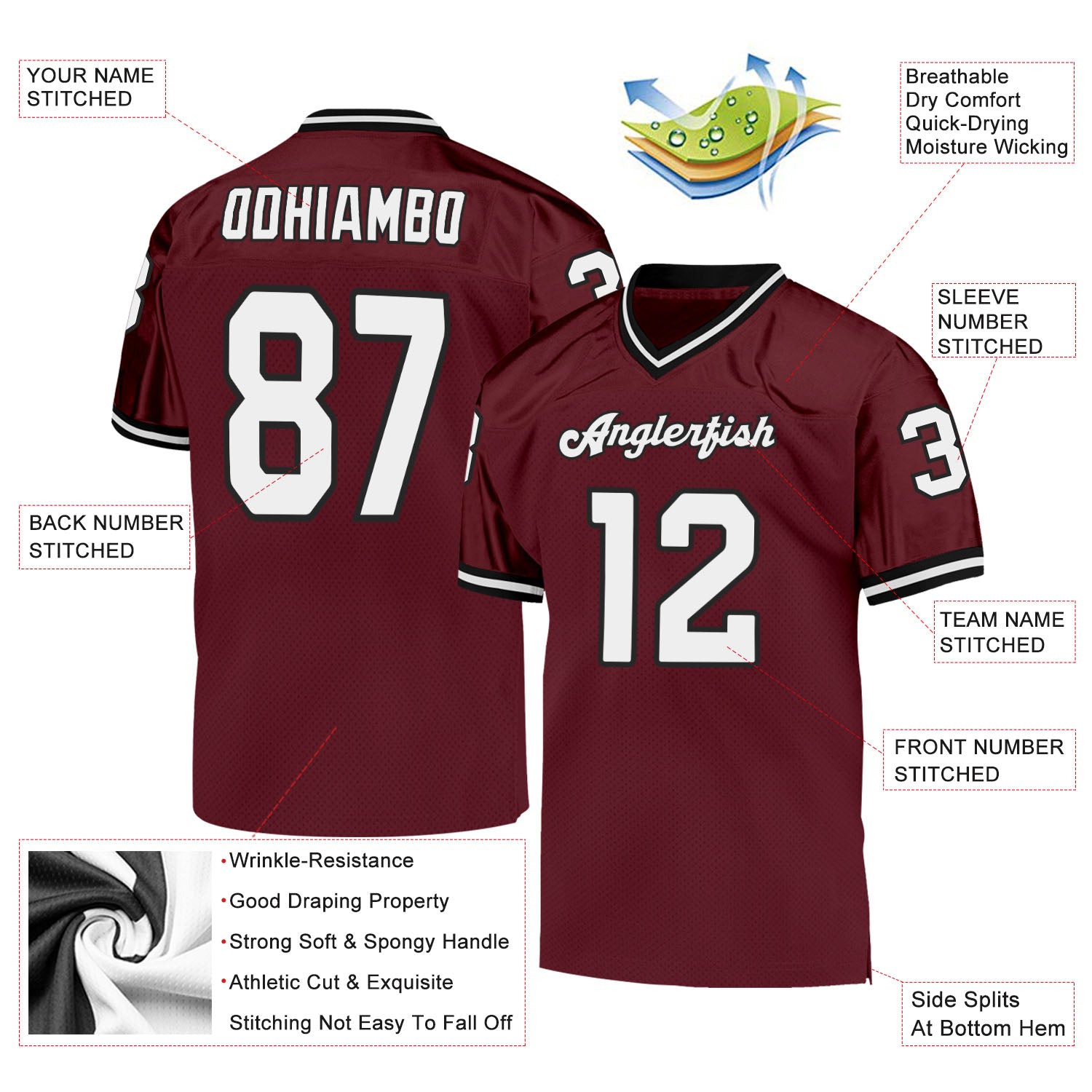 Personalized Burgundy White-Black Mesh Authentic Throwback Football Jersey Team Custom Name and Number Custom Throwback Football Jersey with Personalized Name and Number, Burgundy White-Black Mesh, Authentic Team Gear Personalized - Image 4