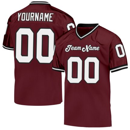 Personalized Burgundy Black White Throwback Football Jersey Mesh Design Personalized Burgundy White-Black Mesh Throwback