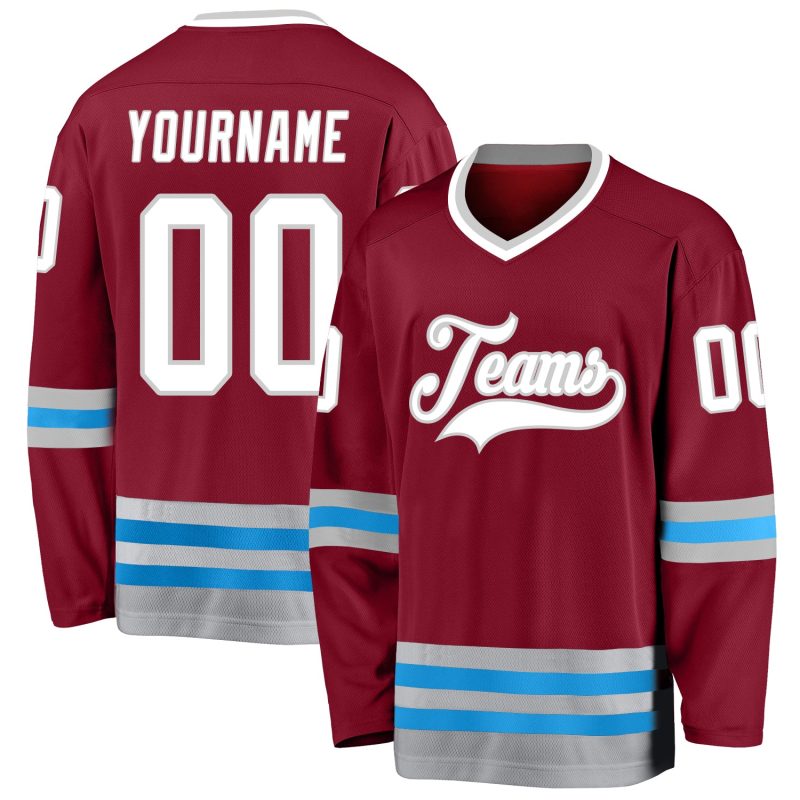Custom Name and Number Hockey Jersey in Burgundy White-Blue - Personalized Team Jersey Personalized Burgundy White-Blue Hockey