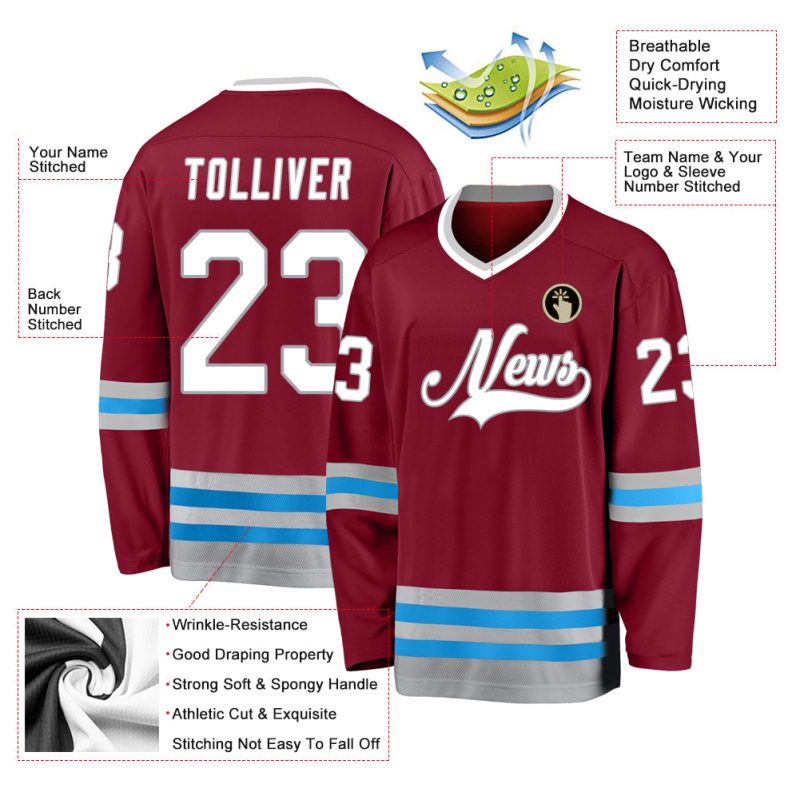 Custom Name and Number Hockey Jersey in Burgundy White-Blue - Personalized Team Jersey Personalized Burgundy White-Blue Hockey