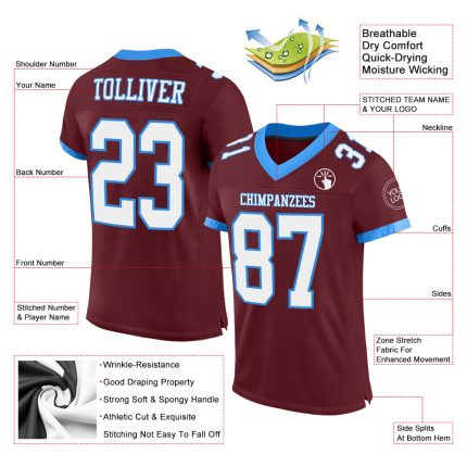Custom Name and Number Football Jersey - Personalized Burgundy White and Electric Blue Mesh Authentic Team Jersey Personalized
