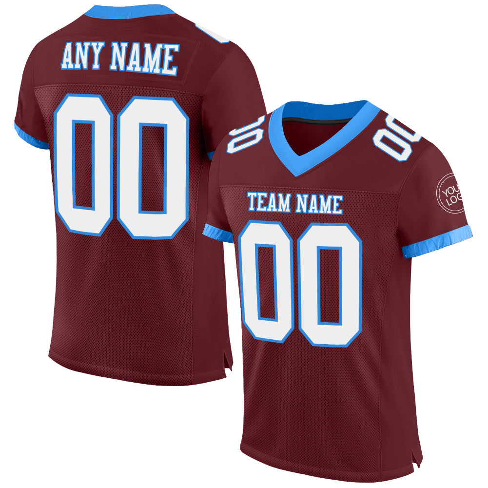 Custom Name and Number Football Jersey - Personalized Burgundy White and Electric Blue Mesh Authentic Team Jersey Personalized