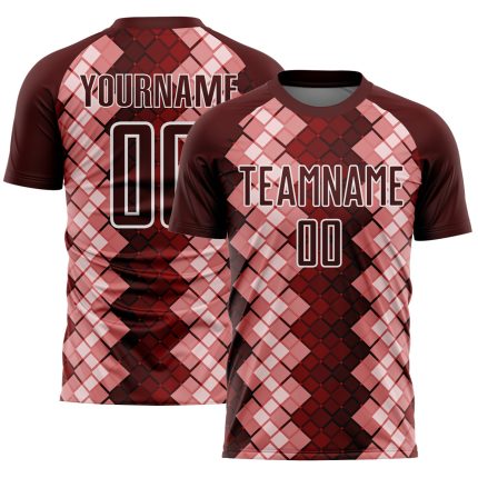 Custom Name and Number Soccer Jersey with Burgundy White Geometric Shapes - Personalized Sublimation Team Uniform Personalized