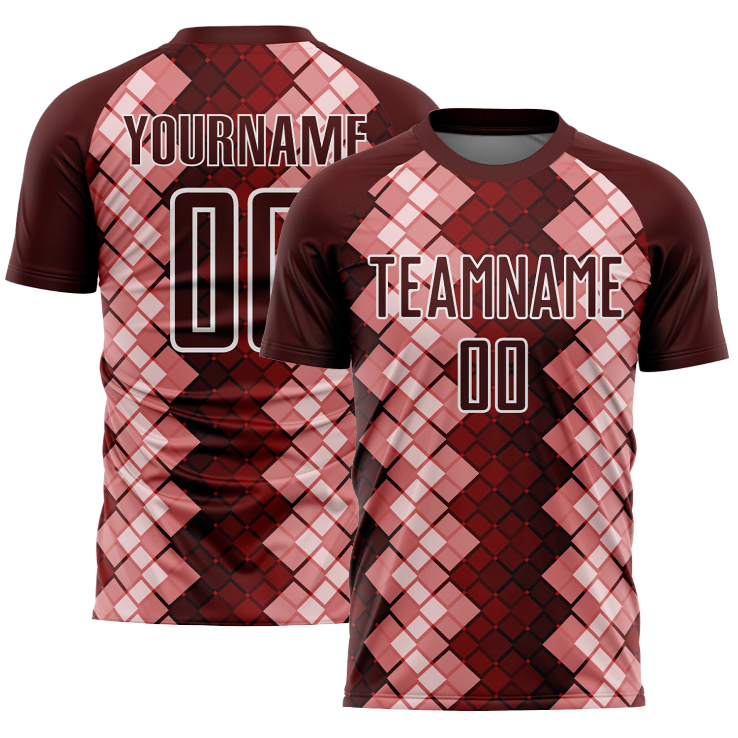 Custom Name and Number Soccer Jersey with Burgundy White Geometric Shapes - Personalized Sublimation Team Uniform Personalized