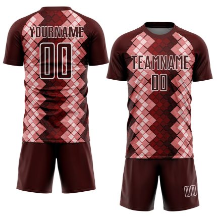 Custom Name and Number Soccer Jersey with Burgundy White Geometric Shapes - Personalized Sublimation Team Uniform Personalized