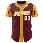 Personalized Burgundy White Gold Baseball Jersey with 3 Color Arm Shapes Personalized Burgundy White-Gold 3 Colors Arm Shapes
