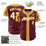 Personalized Burgundy White Gold Baseball Jersey with 3 Color Arm Shapes Personalized Burgundy White-Gold 3 Colors Arm Shapes