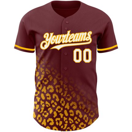 Custom Leopard Print Baseball Jersey with 3D Pattern, Personalized Burgundy and White-Gold Design, Team Name and Number Personalized