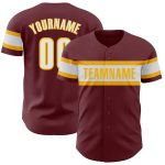 Custom Burgundy Baseball Jersey with White-Gold Accents - Perfect for Team or Personal Use Personalized Burgundy White-Gold
