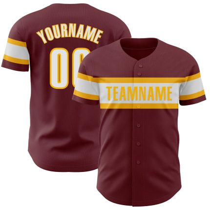 Custom Burgundy Baseball Jersey with White-Gold Accents - Perfect for Team or Personal Use Personalized Burgundy White-Gold