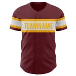 Custom Burgundy Baseball Jersey with White-Gold Accents - Perfect for Team or Personal Use Personalized Burgundy White-Gold