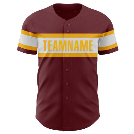 Custom Burgundy Baseball Jersey with White-Gold Accents - Perfect for Team or Personal Use Personalized Burgundy White-Gold
