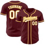 Personalized Burgundy White Gold Baseball Jersey for Men and Women Personalized Burgundy White-Gold Baseball Jersey