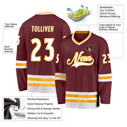 Custom Burgundy and White-Gold Hockey Jersey - Personalized Design for Fans Personalized Burgundy White-Gold Hockey Jersey