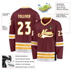 Custom Name and Number Burgundy White-Gold Hockey Jersey - Personalized Team Jersey Personalized Burgundy White-Gold Hockey