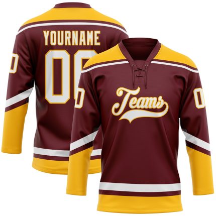 Personalized Burgundy White Gold Hockey Lace Neck Jersey for Men and Women Personalized Burgundy White-Gold Hockey Lace Neck
