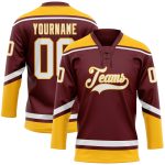 Custom Name and Number Burgundy White-Gold Hockey Lace Neck Jersey - Personalized Team Apparel Personalized Burgundy White-Gold