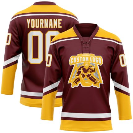 Personalized Burgundy White Gold Hockey Lace Neck Jersey for Men and Women Personalized Burgundy White-Gold Hockey Lace Neck