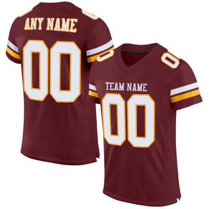Customizable Burgundy White Gold Football Jersey - Authentic Mesh Design Personalized Burgundy White-Gold Mesh Authentic