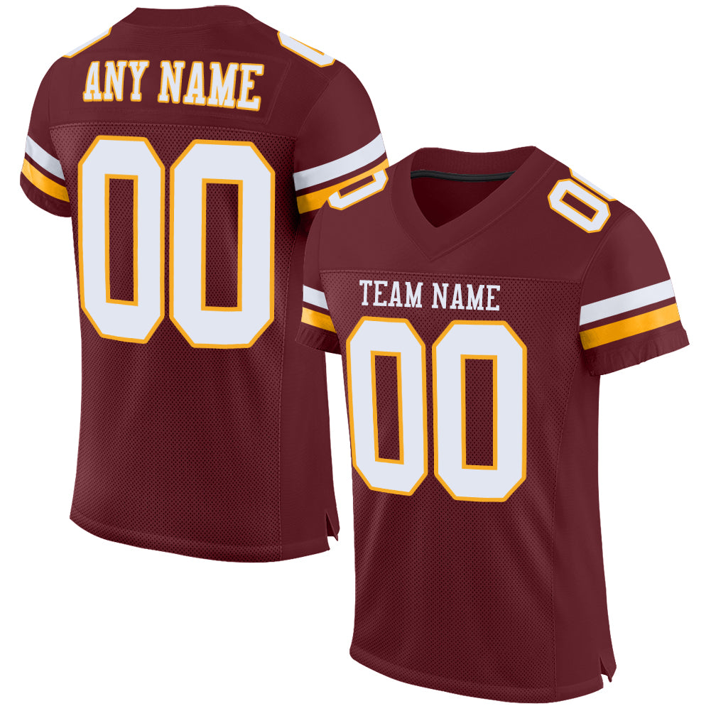 Customizable Burgundy White Gold Football Jersey - Authentic Mesh Design Personalized Burgundy White-Gold Mesh Authentic