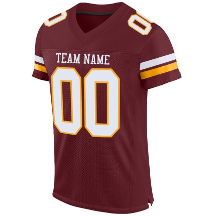 Customizable Burgundy White Gold Football Jersey - Authentic Mesh Design Personalized Burgundy White-Gold Mesh Authentic