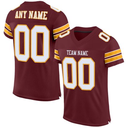 Custom Name and Number Football Jersey - Personalized Burgundy White-Gold Authentic Mesh Team Jersey Personalized Burgundy