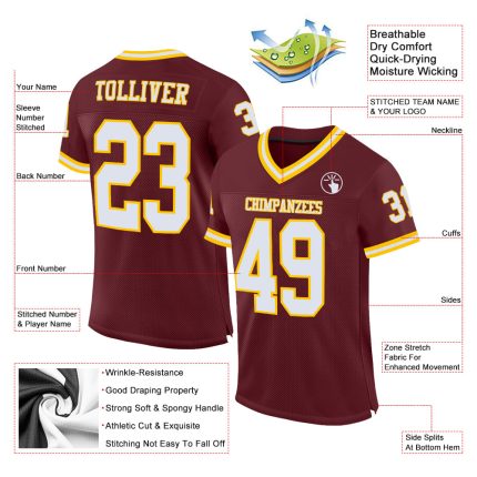 Personalized Throwback Football Jersey with Custom Name & Number in Burgundy White & Gold Mesh Personalized Burgundy White-Gold