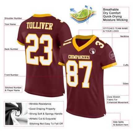 Personalized Burgundy White Gold Football Jersey for Men Women Kids - Custom Mesh Jersey 3 Personalized Burgundy White-Gold