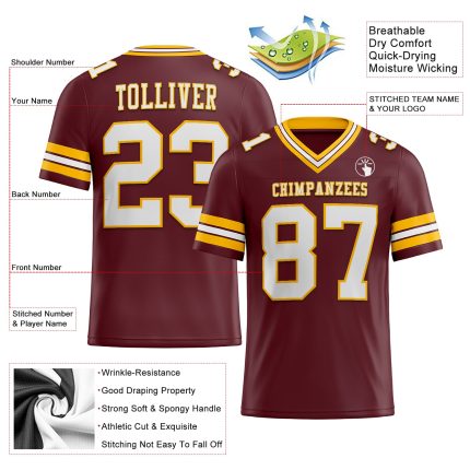 Personalized Football Jersey in Burgundy White-Gold Mesh for Men, Women, and Kids - Customizable Size 4 Personalized Burgundy