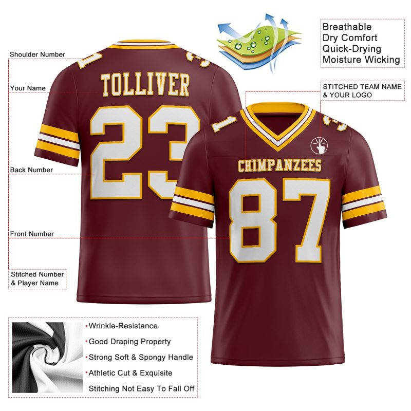 Personalized Football Jersey in Burgundy White-Gold Mesh for Men, Women, and Kids - Customizable Size 4 Personalized Burgundy