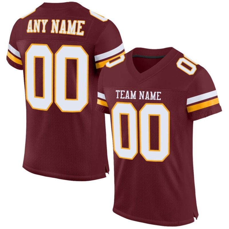 Personalized Burgundy White Gold Football Jersey Mesh Design for Men and Women Personalized Burgundy White-Gold Mesh Football