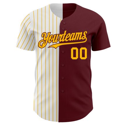Personalized Baseball Jersey Custom Name Number Burgundy White-Gold Pinstripe Authentic Split Fashion Personalized Burgundy