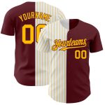 Personalized Burgundy White Gold Pinstripe Baseball Jersey - Split Fashion Design Personalized Burgundy White-Gold Pinstripe