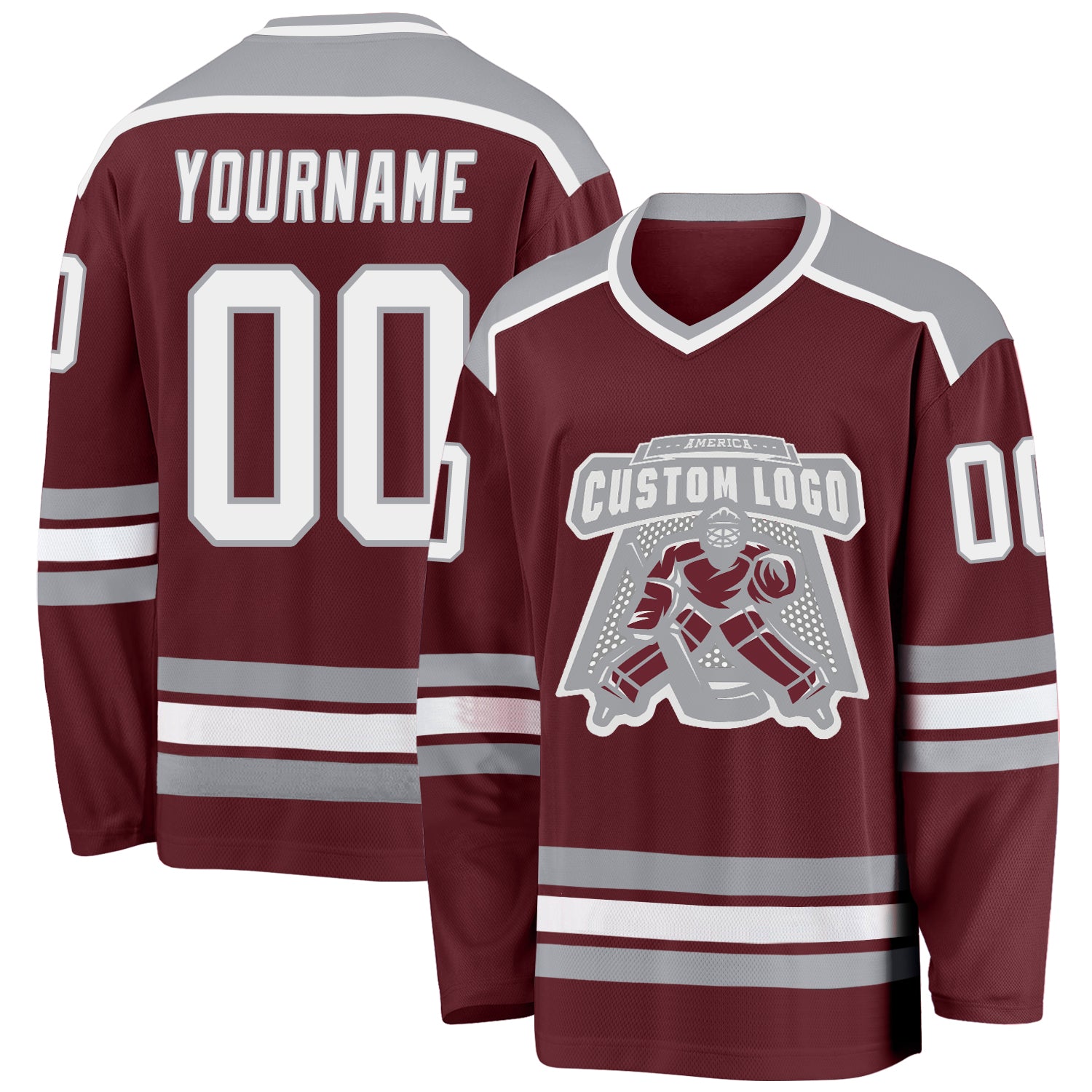 Personalized Burgundy White Gray Hockey Jersey for Men and Women Personalized Burgundy White-Gray Hockey Jersey