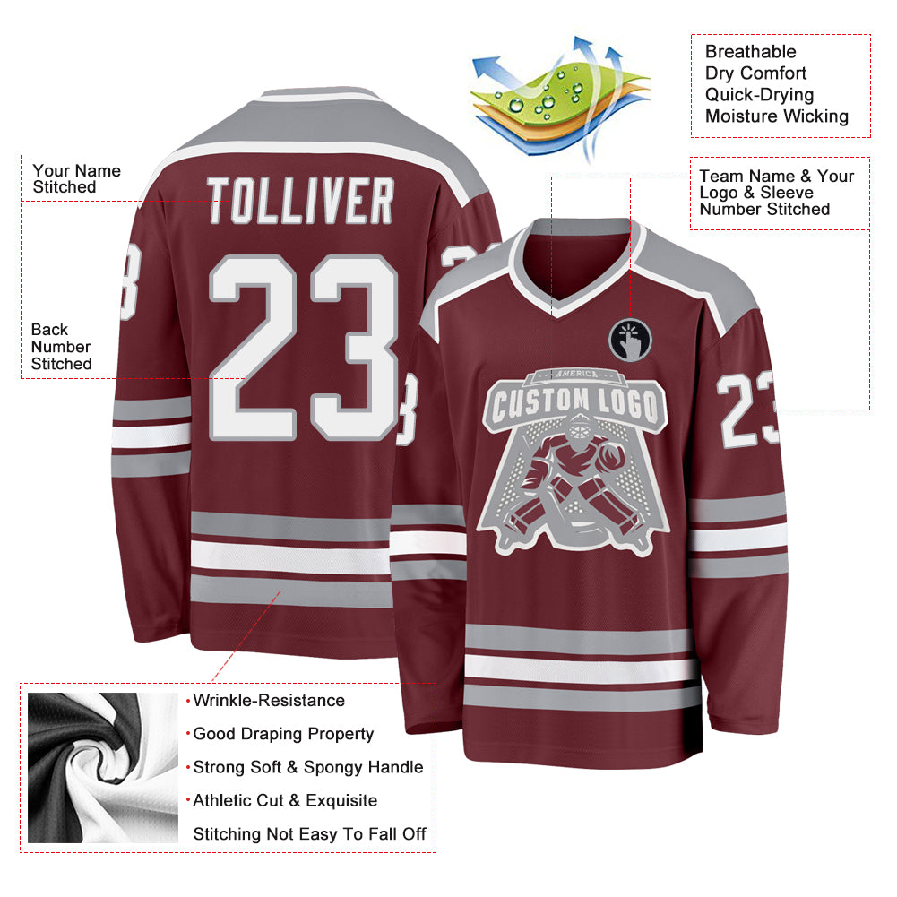 Personalized Burgundy White Gray Hockey Jersey for Men and Women Personalized Burgundy White-Gray Hockey Jersey - Image 3
