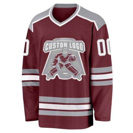 Custom Name and Number Hockey Jersey - Personalized Burgundy White-Gray Team Jersey Personalized Burgundy White-Gray Hockey