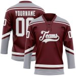 Personalized Hockey Jersey in Burgundy and White-Gray Lace Neck Design Personalized Burgundy White-Gray Hockey Lace Neck