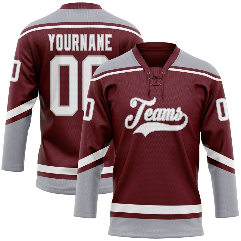 Custom Name and Number Burgundy White-Gray Hockey Lace Neck Jersey - Personalized Team Jersey Personalized Burgundy White-Gray
