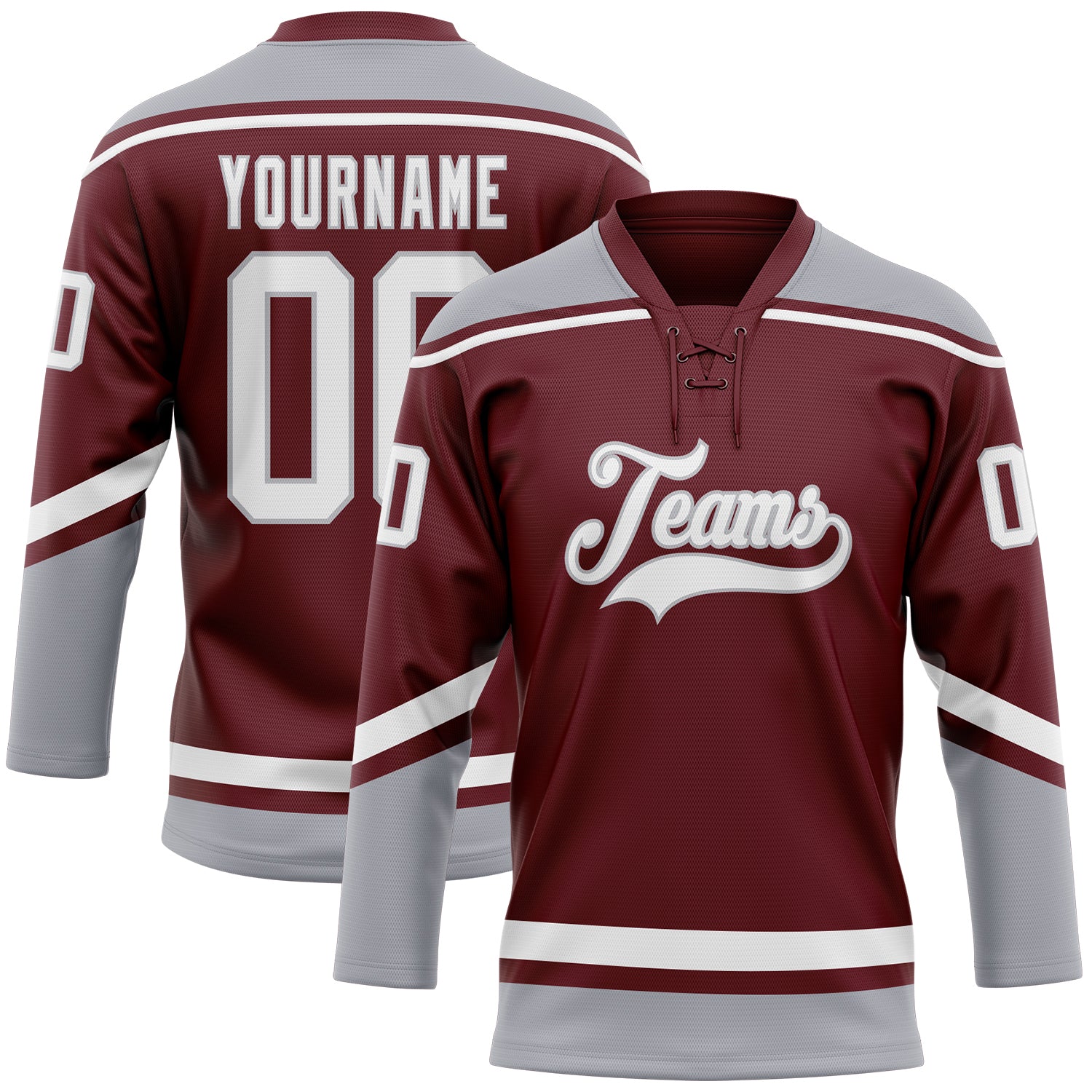 Custom Name and Number Burgundy White-Gray Hockey Lace Neck Jersey - Personalized Team Jersey Personalized Burgundy White-Gray