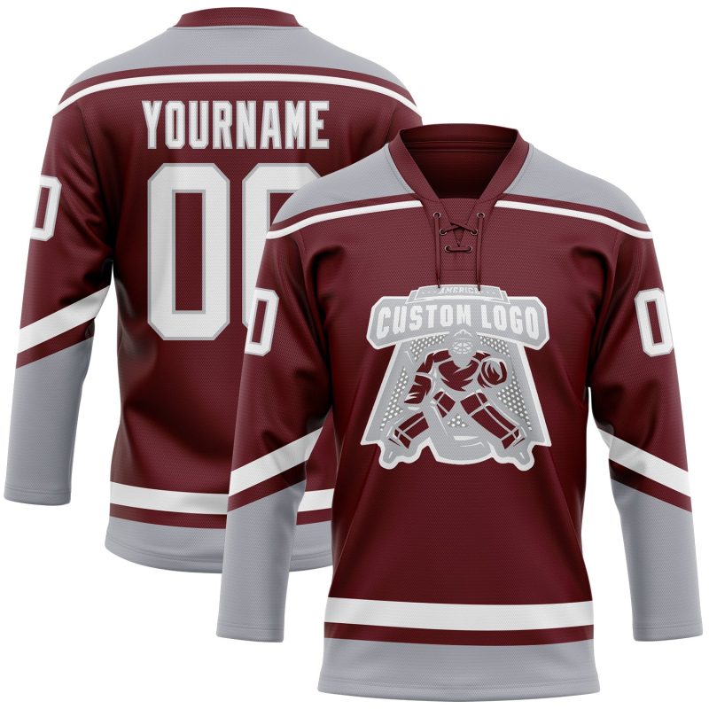 Custom Name and Number Burgundy White-Gray Hockey Lace Neck Jersey - Personalized Team Jersey Personalized Burgundy White-Gray