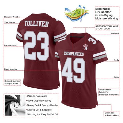 Personalized Burgundy White Gray Authentic Football Jersey Mesh Design Personalized Burgundy White-Gray Mesh Authentic Football