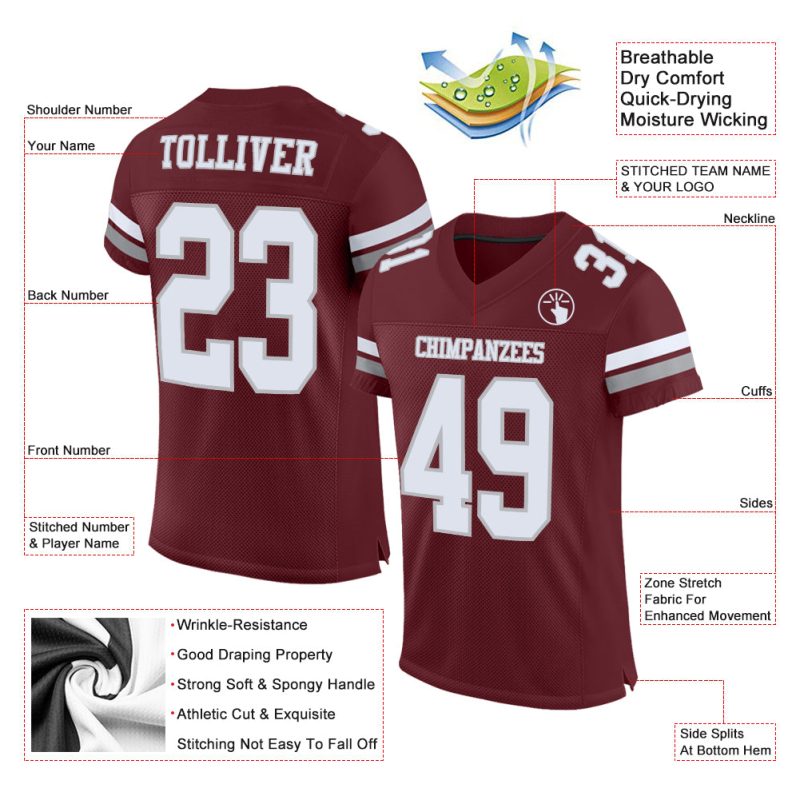 Personalized Burgundy White Gray Authentic Football Jersey Mesh Design Personalized Burgundy White-Gray Mesh Authentic Football