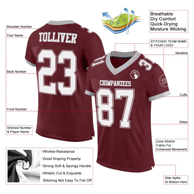 Custom Name and Number Authentic Football Jersey - Personalized Burgundy White-Gray Mesh Team Jersey Personalized Burgundy