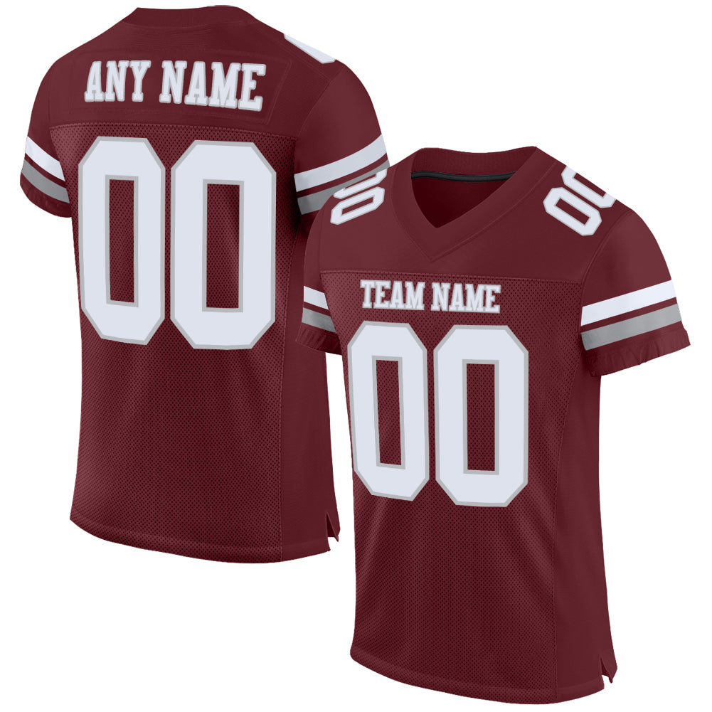 Personalized Burgundy and Gray Mesh Football Jersey for Men and Women, Custom Sports Uniform 2 Personalized Burgundy White-Gray